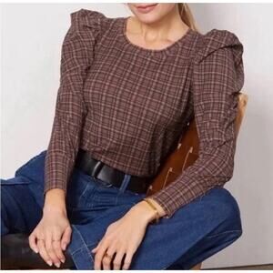 Nation LTD Romy Puff Sleeve Blouse Women's XS Brown Plaid 100% Pima Cotton